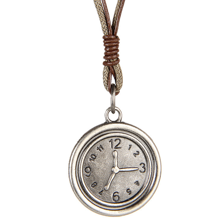 欧美复古怀旧项链钟表形状吊坠皮绳项链个性潮流男女款搭配项链