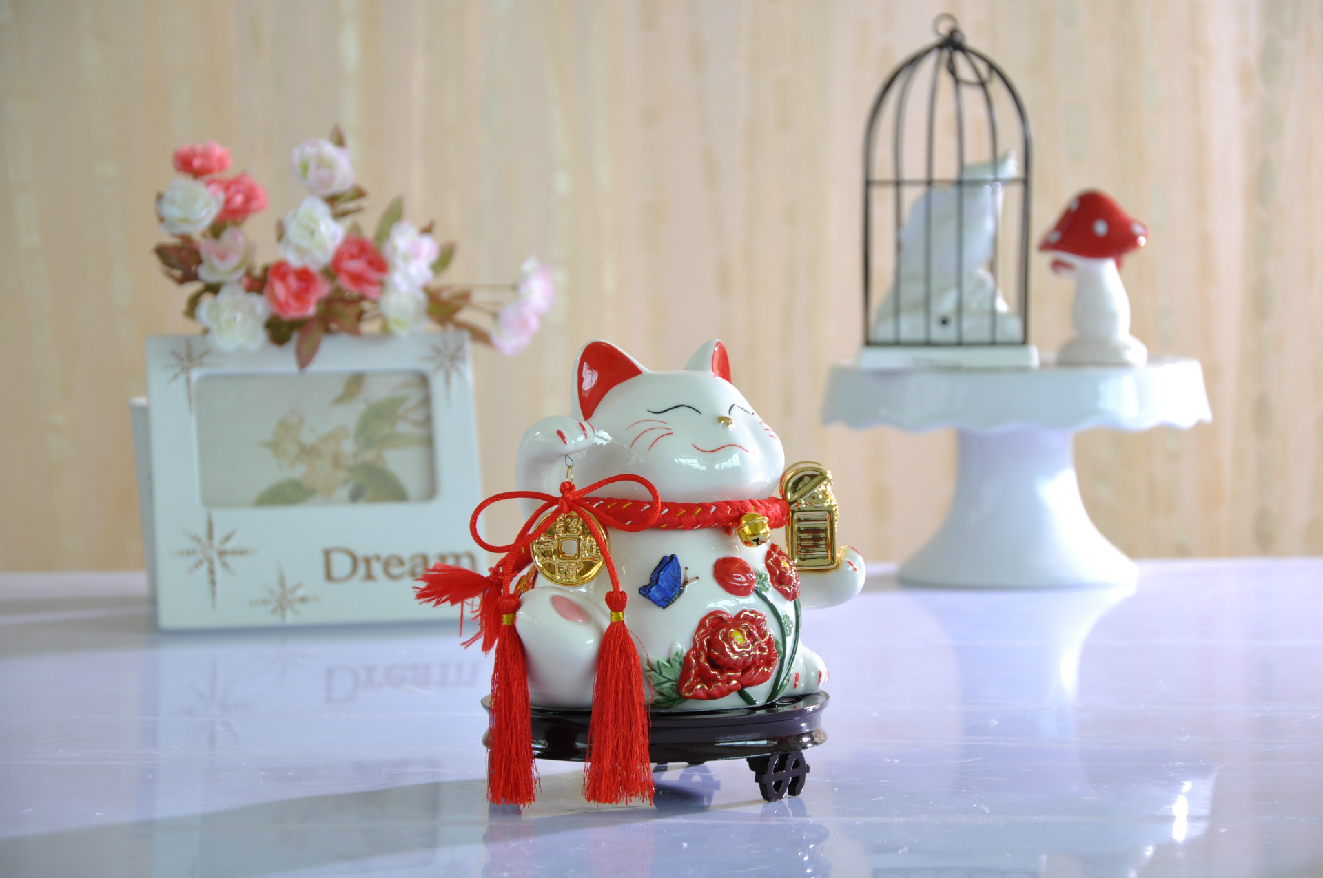 8寸花开富贵招财猫 开业送礼 家居摆件 陶瓷工艺品wy13036