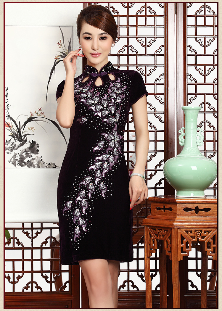 巧祺新款精品旗袍女 短款刺绣丝绒旗袍 立领改良秋装连衣裙厂家批