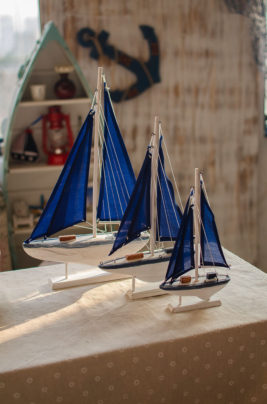 地中海风格木质蓝布美式单帆船家居创意摆件工艺礼品一帆风顺中号