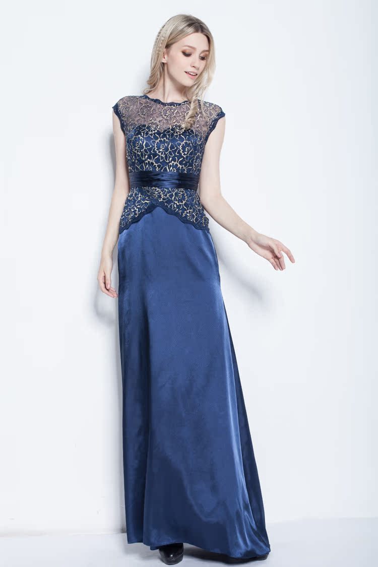 ck251新品礼服蕾丝绸缎拼接礼服镂空长款宴会伴娘服敬酒服