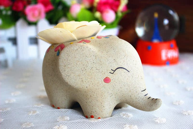 景德镇陶瓷可爱情侣小象多肉手工手绘花盆花器家居摆件