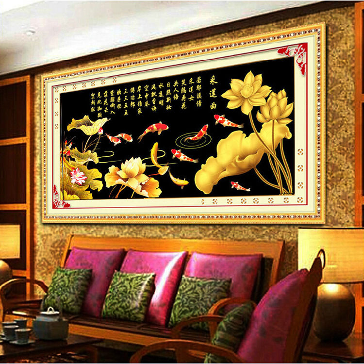 新款十字绣成品/金色荷花福鱼聚财九鱼图/家居装饰/ 布艺工艺礼品
