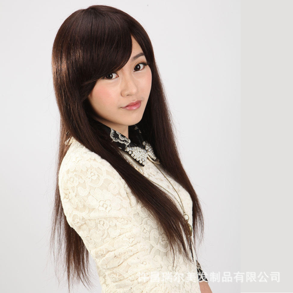 许昌假发全真发女款长直发斜刘海弹力网仿真头皮一件批发
