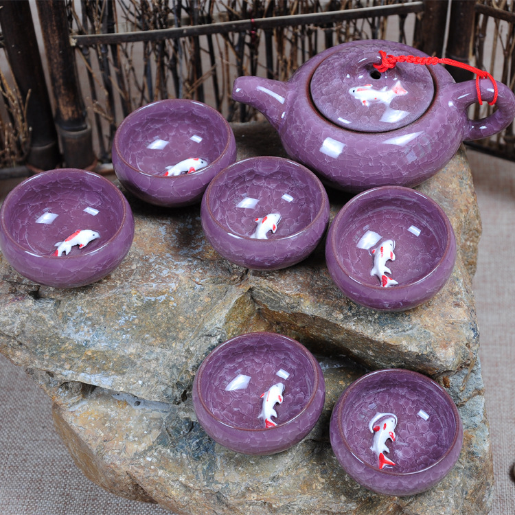 厂家直销 紫砂功夫茶具礼品 冰裂茶具套装特价 陶瓷鲤鱼杯批发