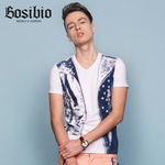 BOSIBIO 2014夏季男式t恤 男士个性精品印花t恤高档潮牌莱卡t恤男