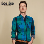 BOSIBIO 2014春夏男式衬衫 高档男士衬衣拼接碎花长袖格子衬衫