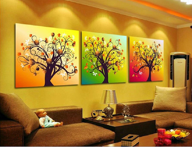 厂家直销发财树餐厅卧室家居画客厅三联无框装饰画壁画】价格,批发