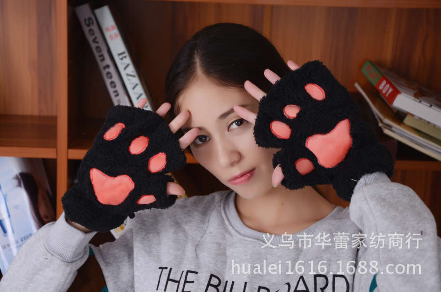 Winter Cute Cartoon Cat Girl Open Finger Cat's Paw Warm Gloves Thickened Fluff Hand-Shaped Brush Half Finger Gloves