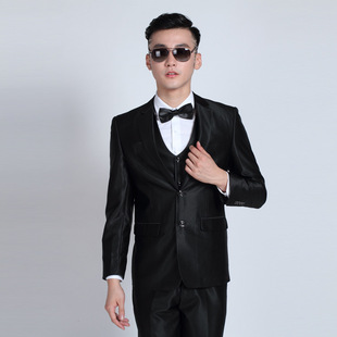 2017春款亮黑色男士正装西服 修身韩版新郎 婚礼男职业西装男套