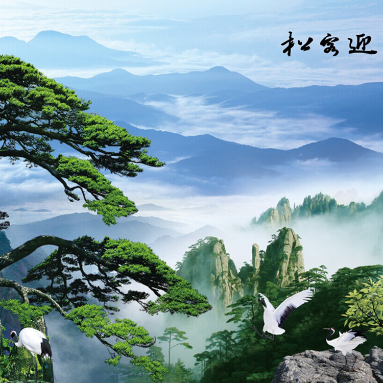 彩雕背景墙瓷砖迎客松加工定制拍抛光砖高档电视背景墙