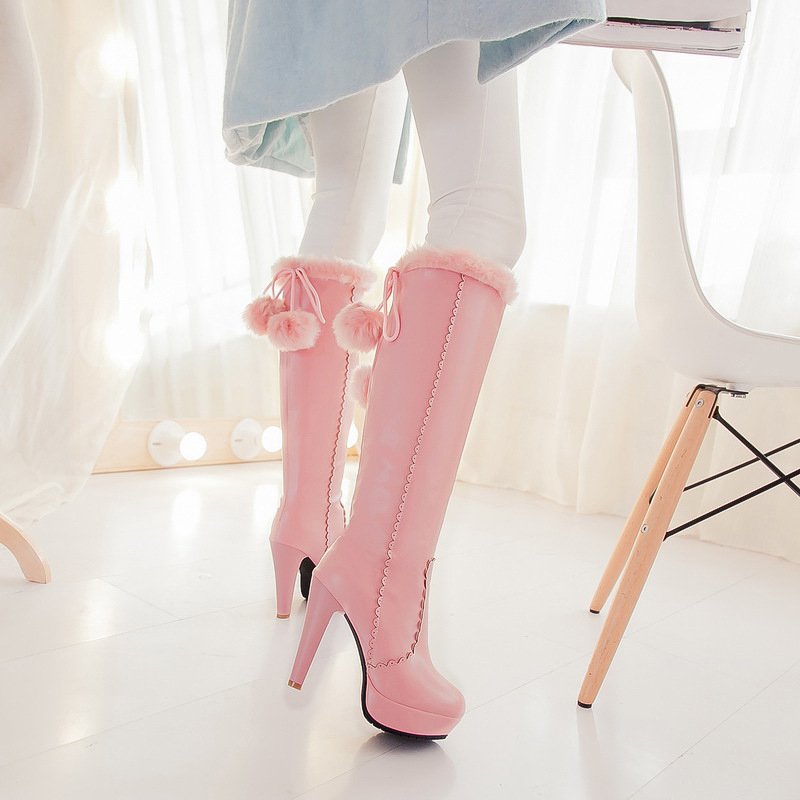 韩国公主甜美粉色花边可爱毛毛球高筒靴超高