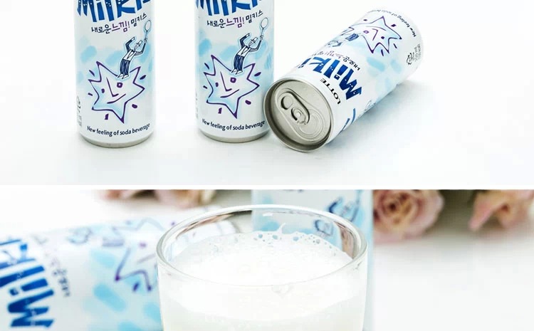 韩国进口乐天妙可心碳酸饮料 牛奶苏打水milkis 250ml/听