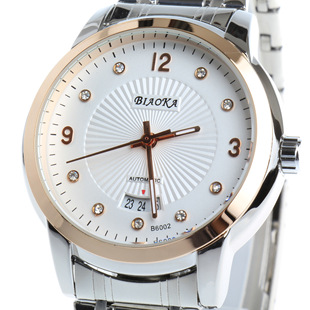 标卡 玫瑰金版 油压立体钻面钢带防水日历 自动机械表 男士手表