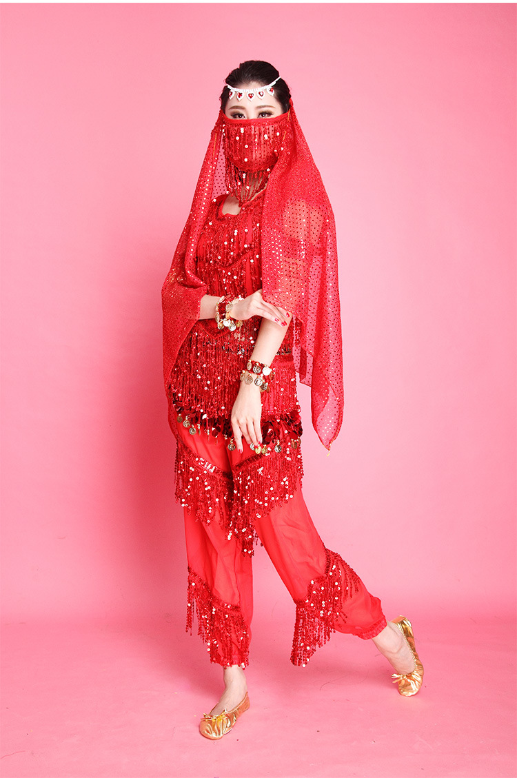 新款肚皮舞 亮片流苏套装印度舞演出服装 亮片流苏短袖流苏裤套装