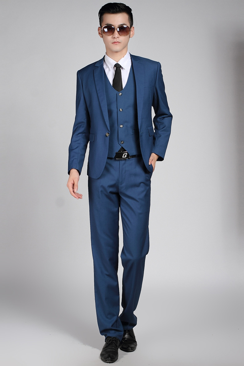 宝蓝色休闲男士西服套装韩版修身单扣青少年小西装新郎结婚礼服