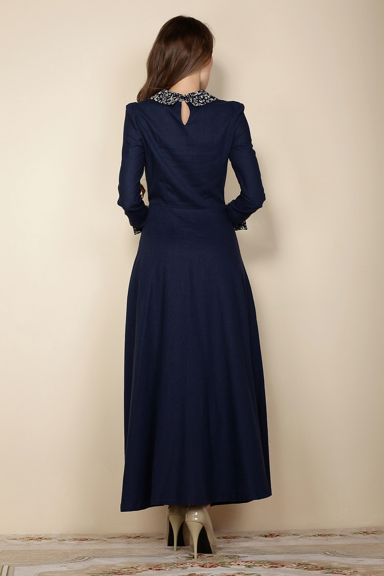 2016春装复古气质蓝色拼接棉亚麻长袖连衣裙大摆拖地长裙厂家批发