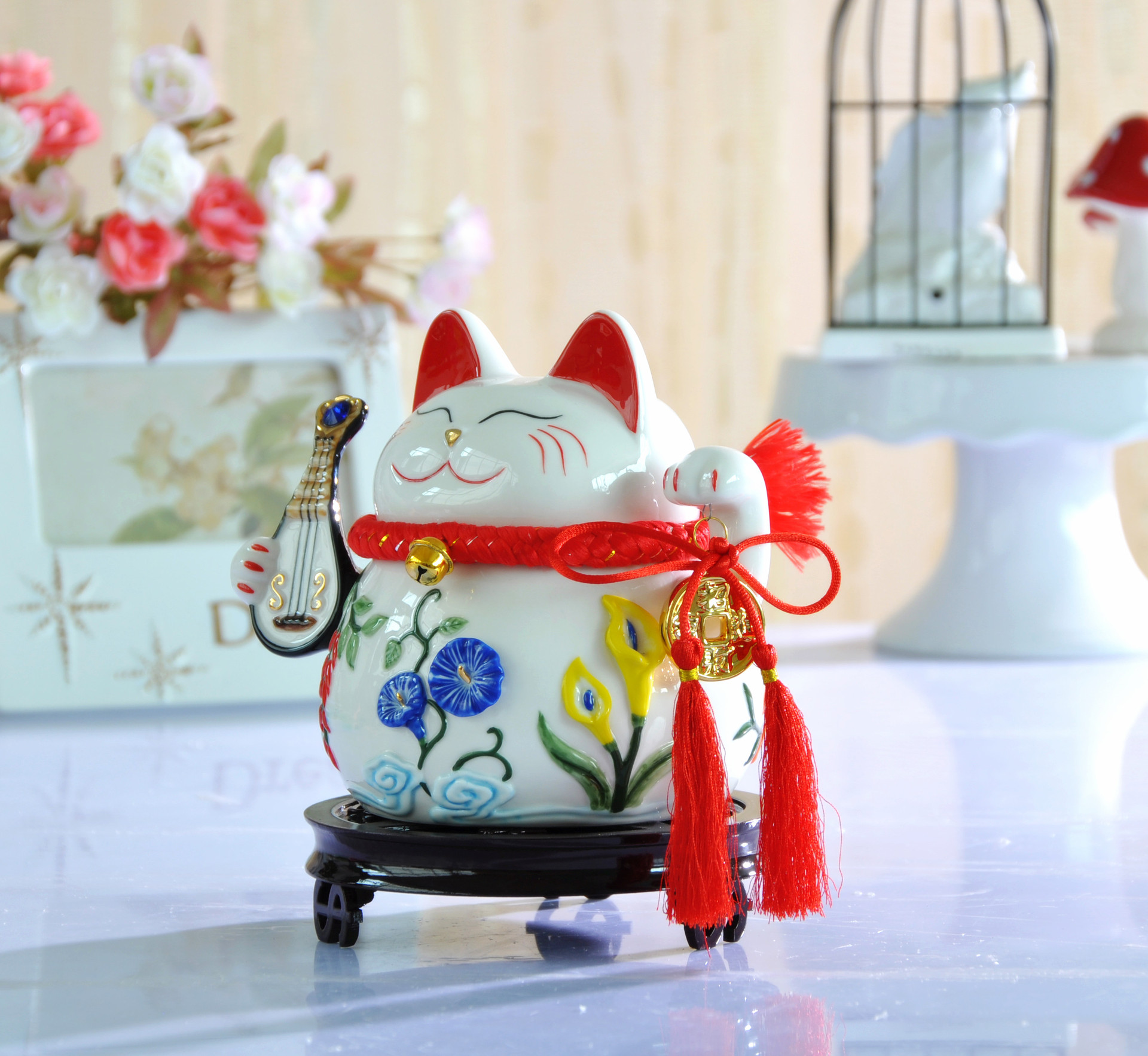 万亿堂 中国风招财猫 开业礼品摆件 存钱储蓄罐 大号琵琶花季