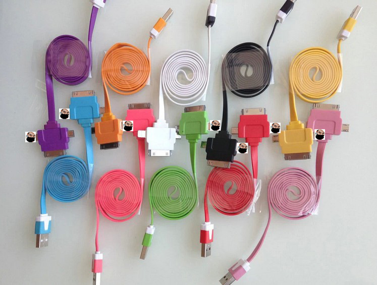 1米小面条三合一数据线扁线4s安卓v8适用苹果蓝牙平板玩具充电