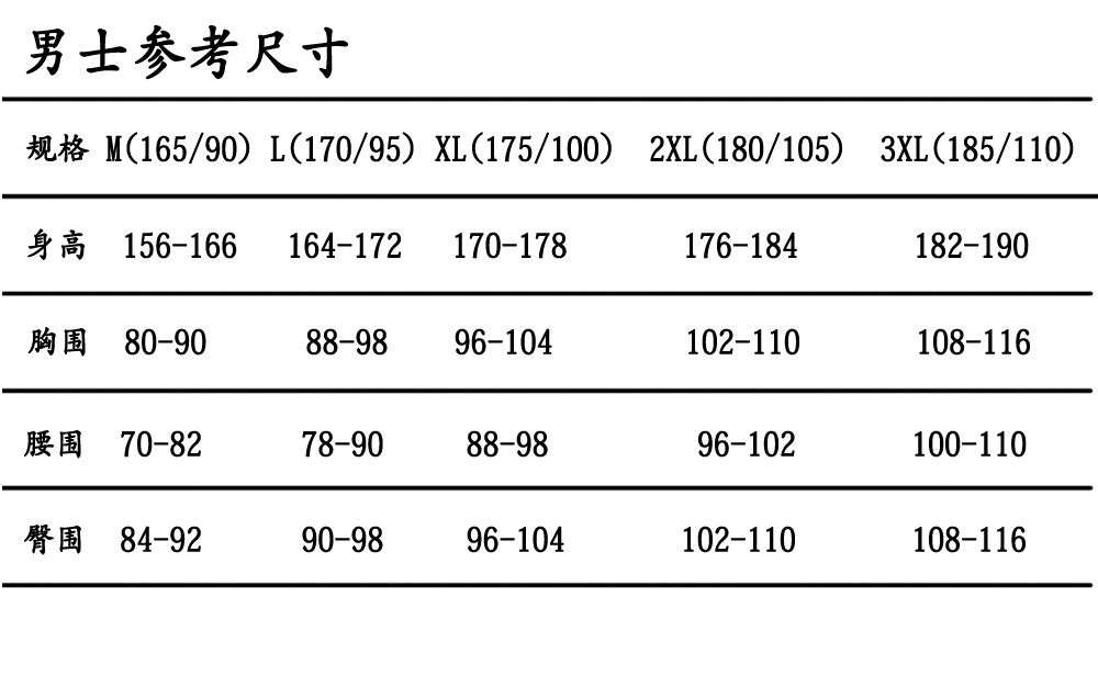 男士尺码表