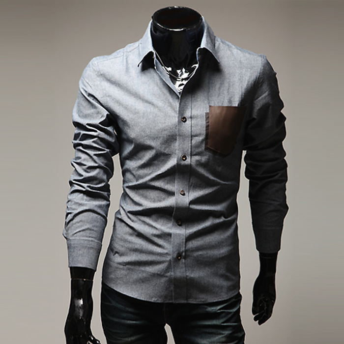 2014春装新款男士贴皮衬衫 韩版长袖衬衣