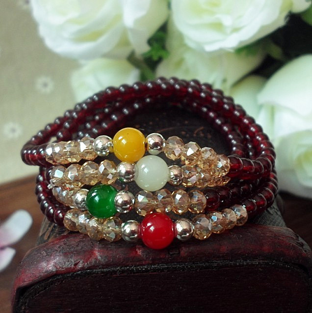 s0319泰国佛牌水晶手链多元素四色彩珠4层手链