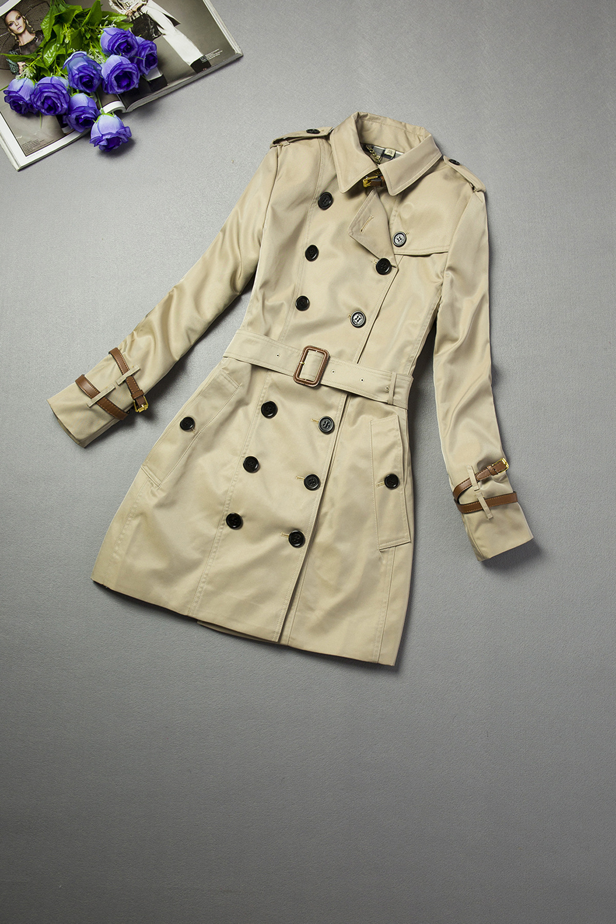 风衣外套 英伦高端 抗皱中长款双排扣风衣-女式风衣,大衣