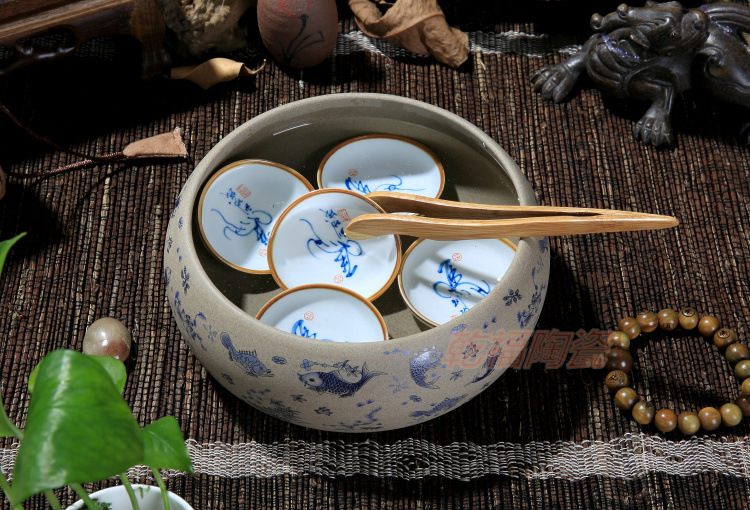清仓功夫茶具茶洗 潮州茶具配件 粗陶烤花哥窑8寸杯