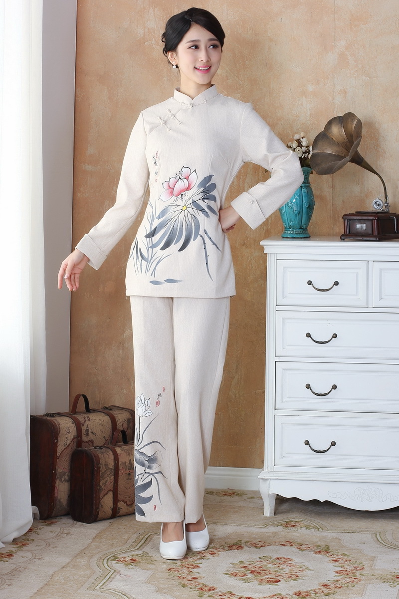 新款春秋季手绘2508-2女装棉麻中国风长袖唐装套装妈妈装汉服