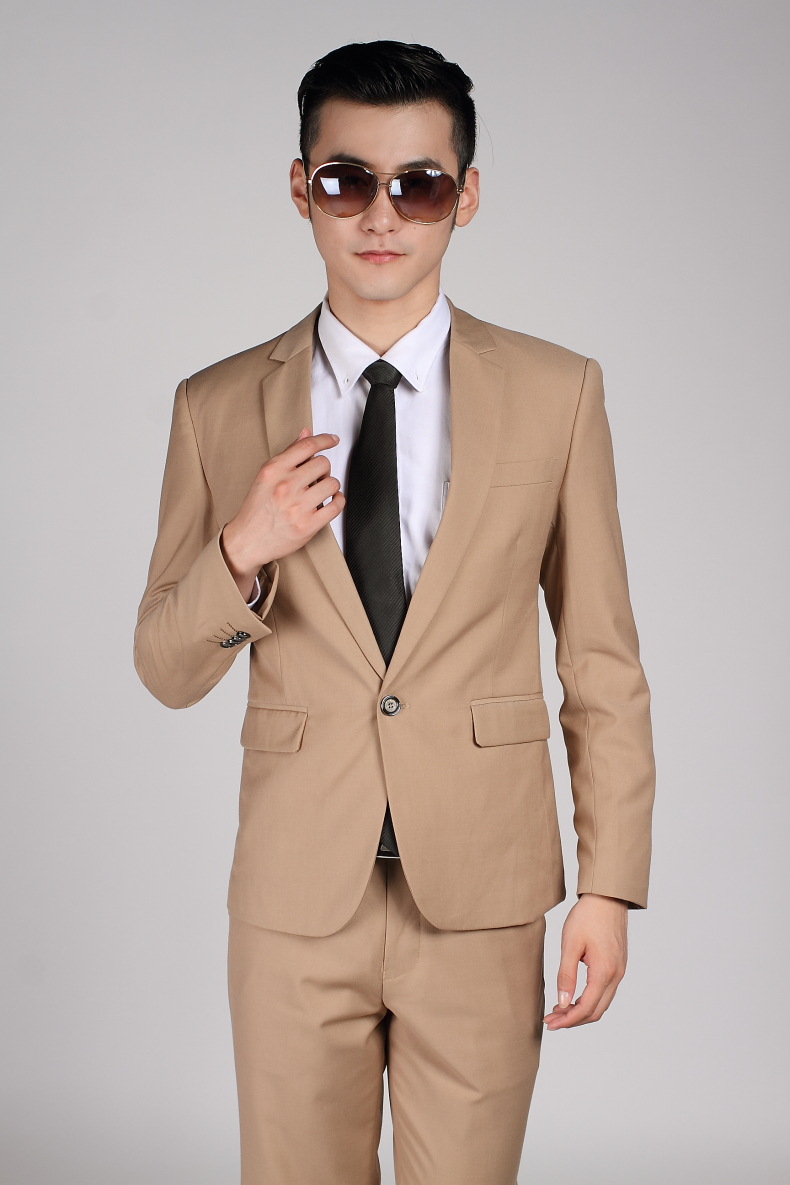 秋季新款男士西服套装新郎韩版修身结婚礼服婚庆黄卡其色婚礼西装