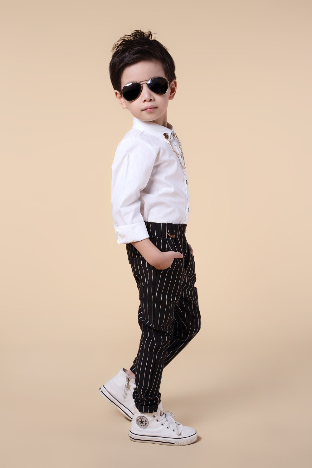韩版儿童长袖衬衫男童潮小绅士礼服领链白色衬衫休闲衬衫一件代发