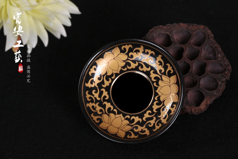 仿古真金黑莲花陶瓷贴花供水杯 大悲咒心经供水杯 佛教用品批发