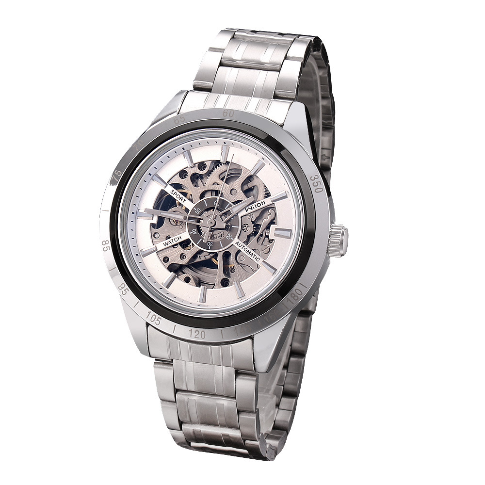 亚马逊wilon 威龙 全自动双镂空机械表男表 钢带男士手表