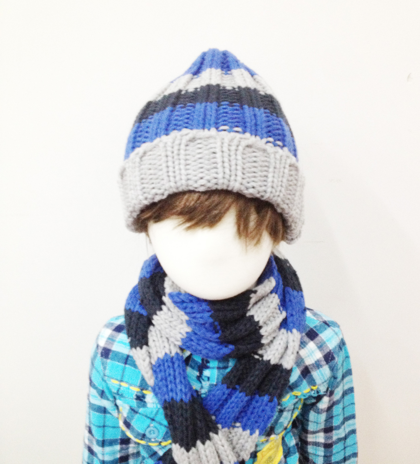 出口德国外贸原单温暖深蓝条纹男孩款针织围巾