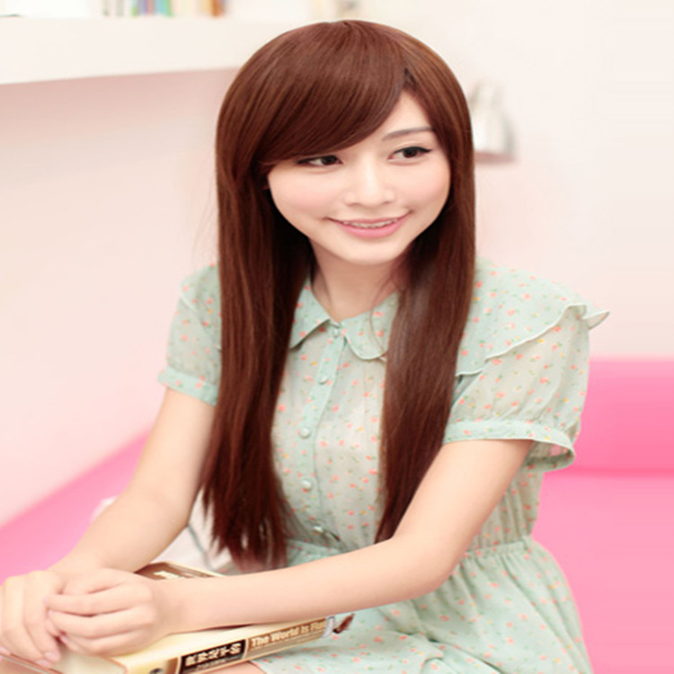 时尚女生气质甜美斜刘海长直发假发