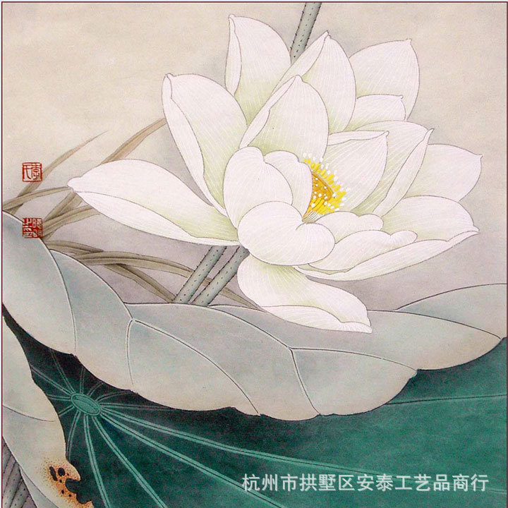 白莲 丝绸画 国画 花鸟画 精品装饰挂画