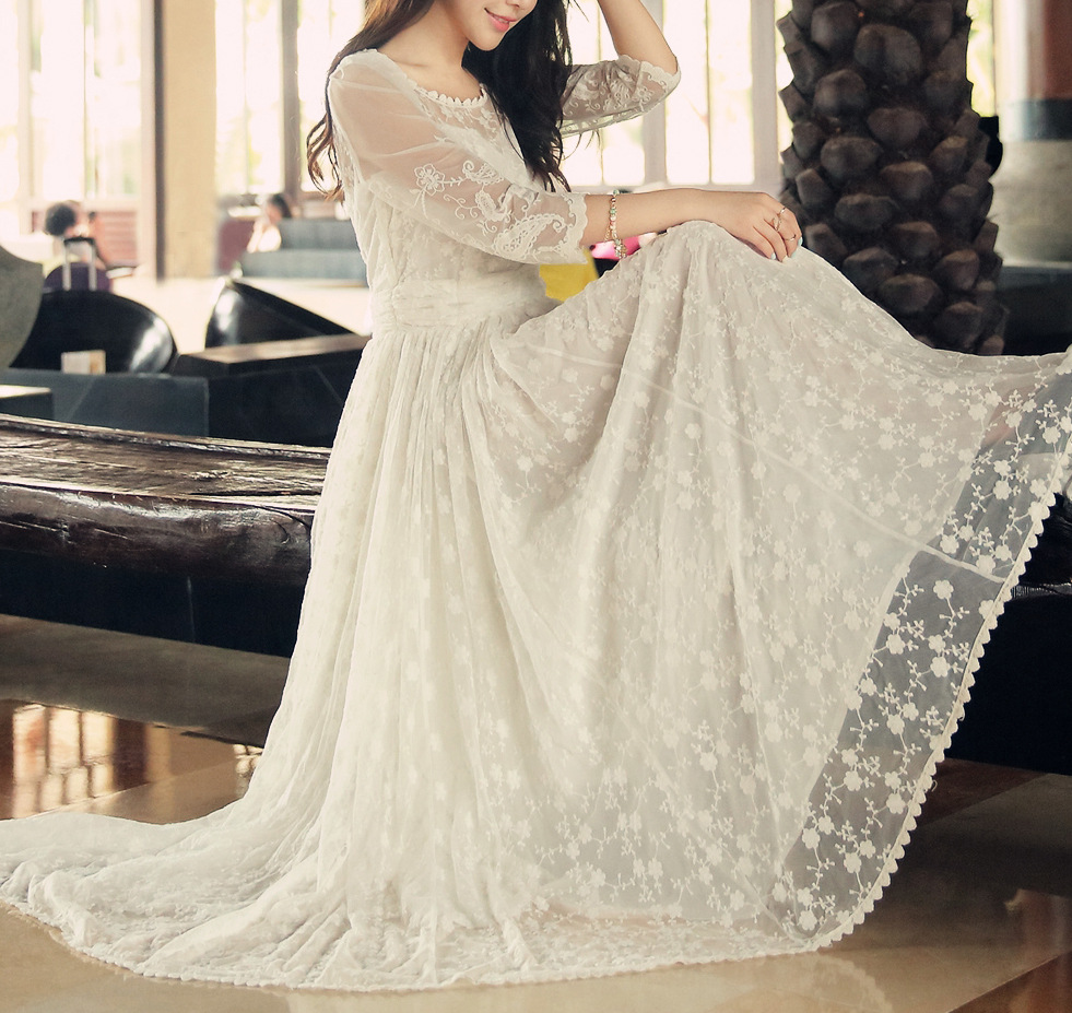 实拍 摆仙女气质蕾丝刺绣连衣裙女神沙滩度假礼服长裙