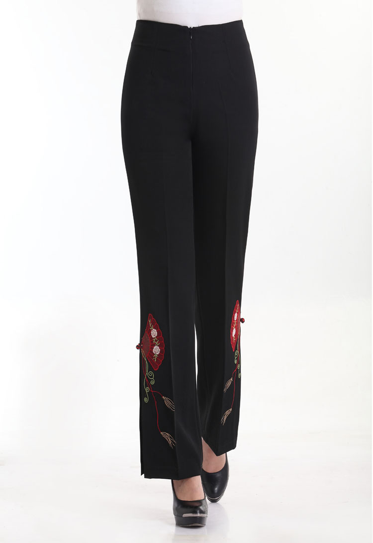 唐装裤子 女士唐装裤 茶艺唐装裤子 绣花名族风妈妈黑色微喇裤子