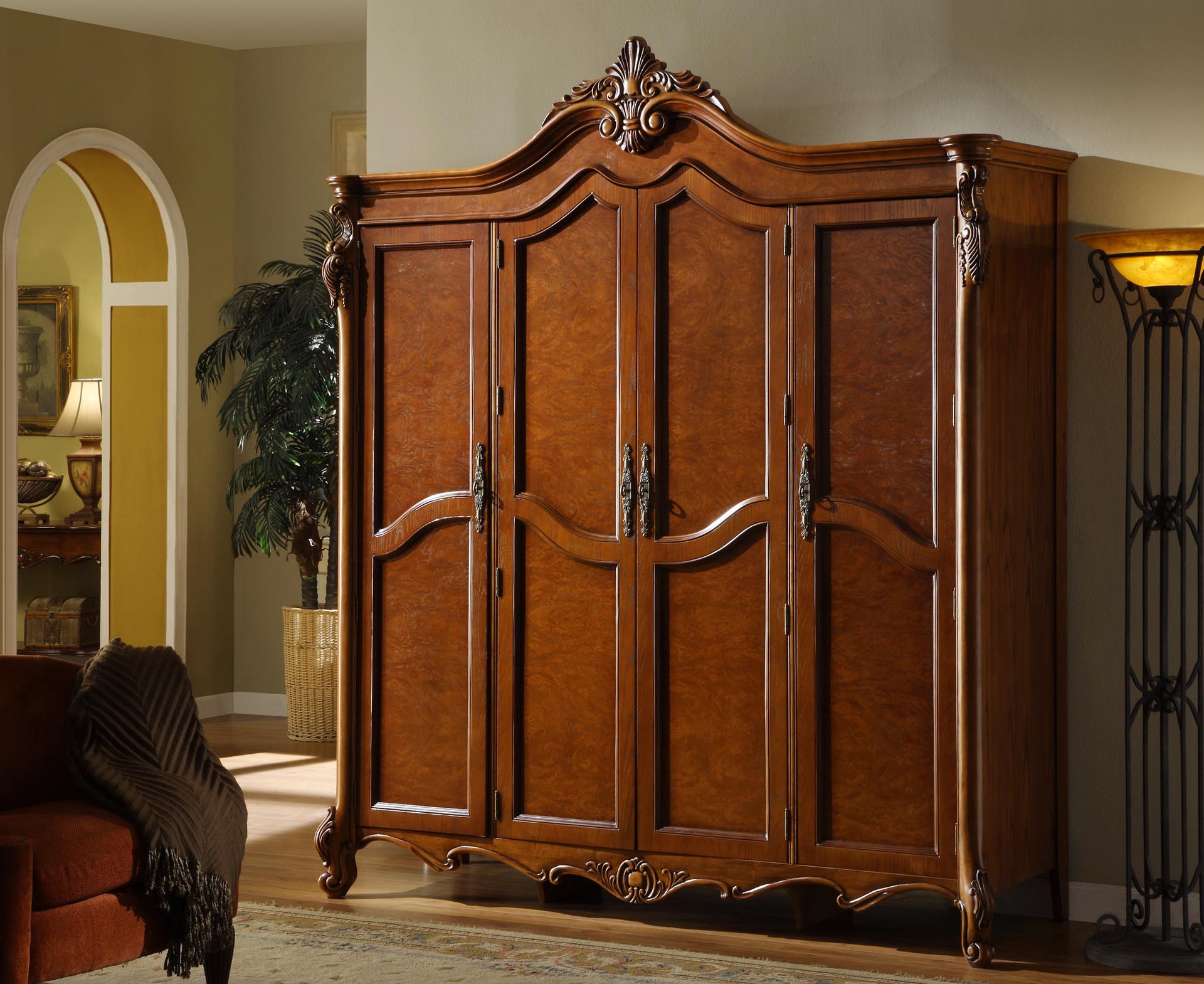 供应 美式仿古实木衣柜 整体四门大衣柜衣橱收纳柜 别墅卧房.