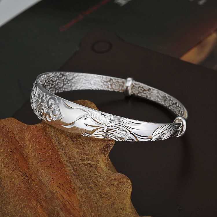 999银手镯 女韩版福字千足银手镯 纯银手环 银饰品镯子