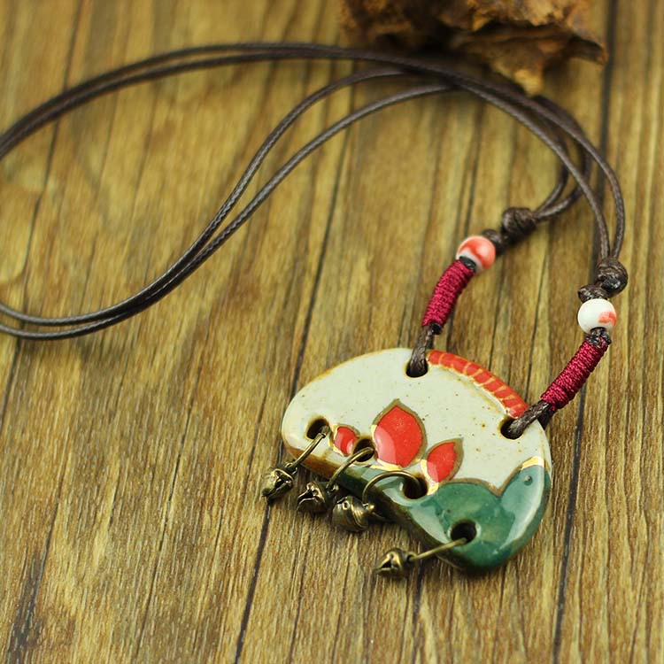 景德镇陶瓷仿古瓷荷花带铃铛项链 民族风首饰批发jxd068