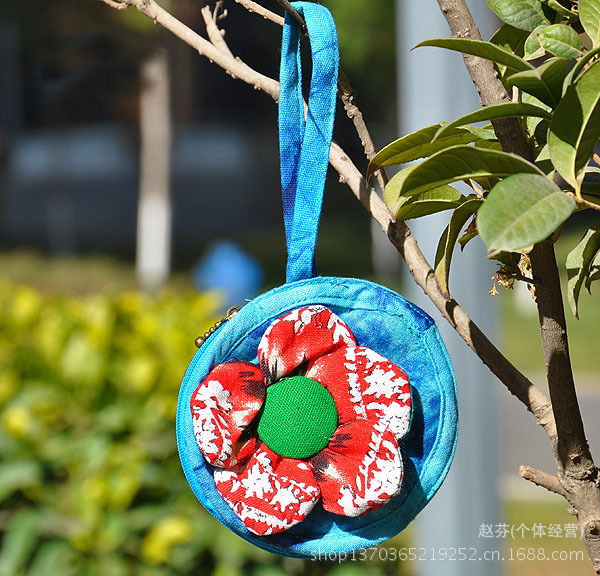 五瓣花梅花手提圆钱包 云南手工布艺扎染小提包 民族风布包