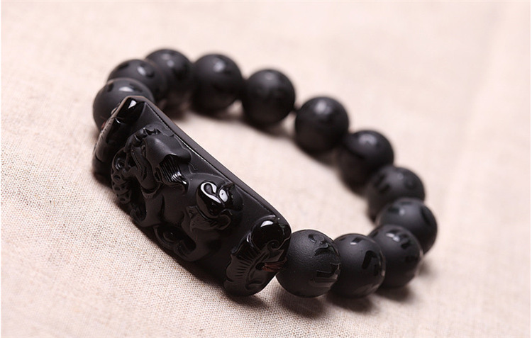 天然乌金黑曜石貔貅手链 六字真言磨砂手链