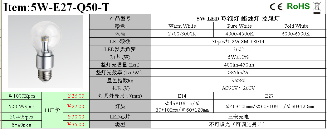 专业生产过emc电源 可控硅调光 360度发光led球泡4w e12灯头