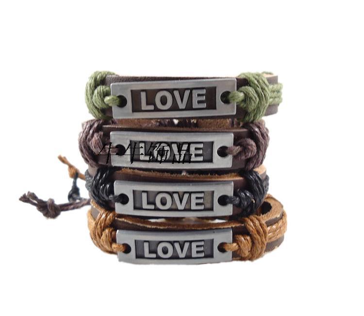 七夕情人节love爱的字母男士女士情侣麻绳编织真皮手链 手工饰品