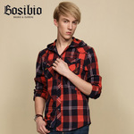 BOSIBIO 2014春夏男式衬衫 高档男士连帽衬衣时尚长袖格子衬衫