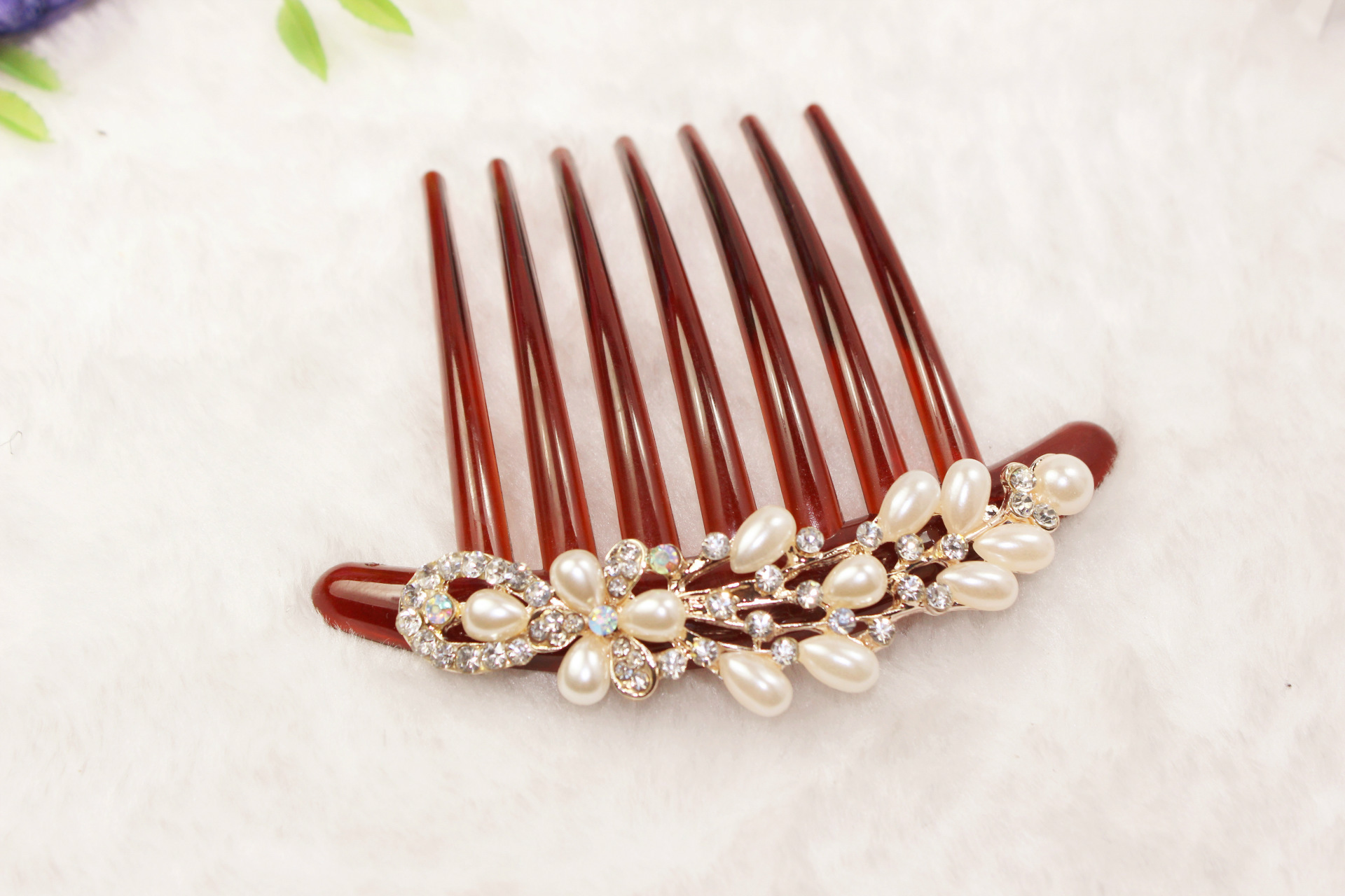 韩版发饰饰品 珍珠发梳七齿梳水钻水晶插梳 义乌头饰地摊货源批发