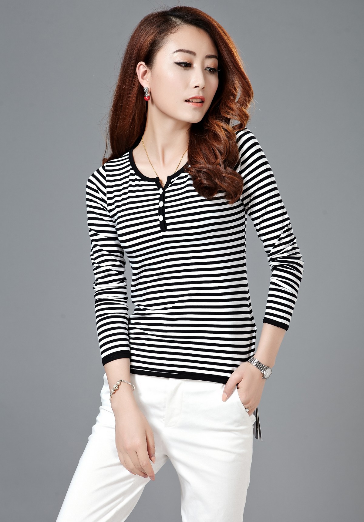 促销特价品牌阿玛施专柜正品女装长袖v领条纹女t恤真丝打底衫0032