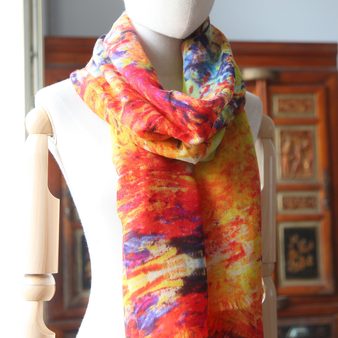 看样工厂高端羊绒围巾swc814莫奈印象派油画女士优雅印花围巾