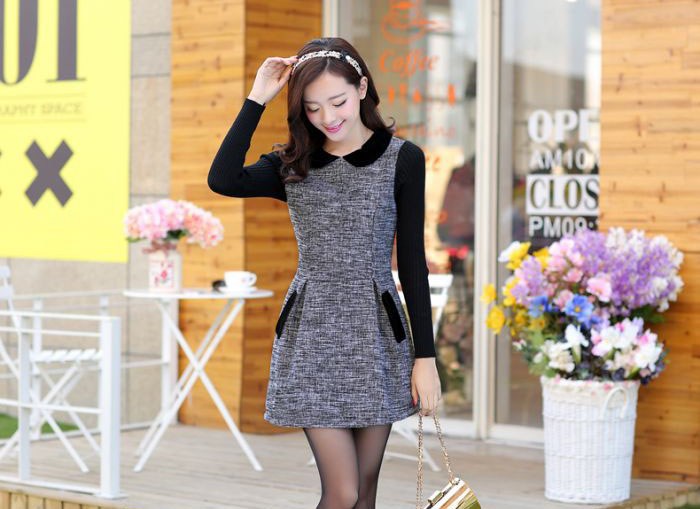 冬款呢子连衣裙假两件女士瘦身裙长袖小香风收